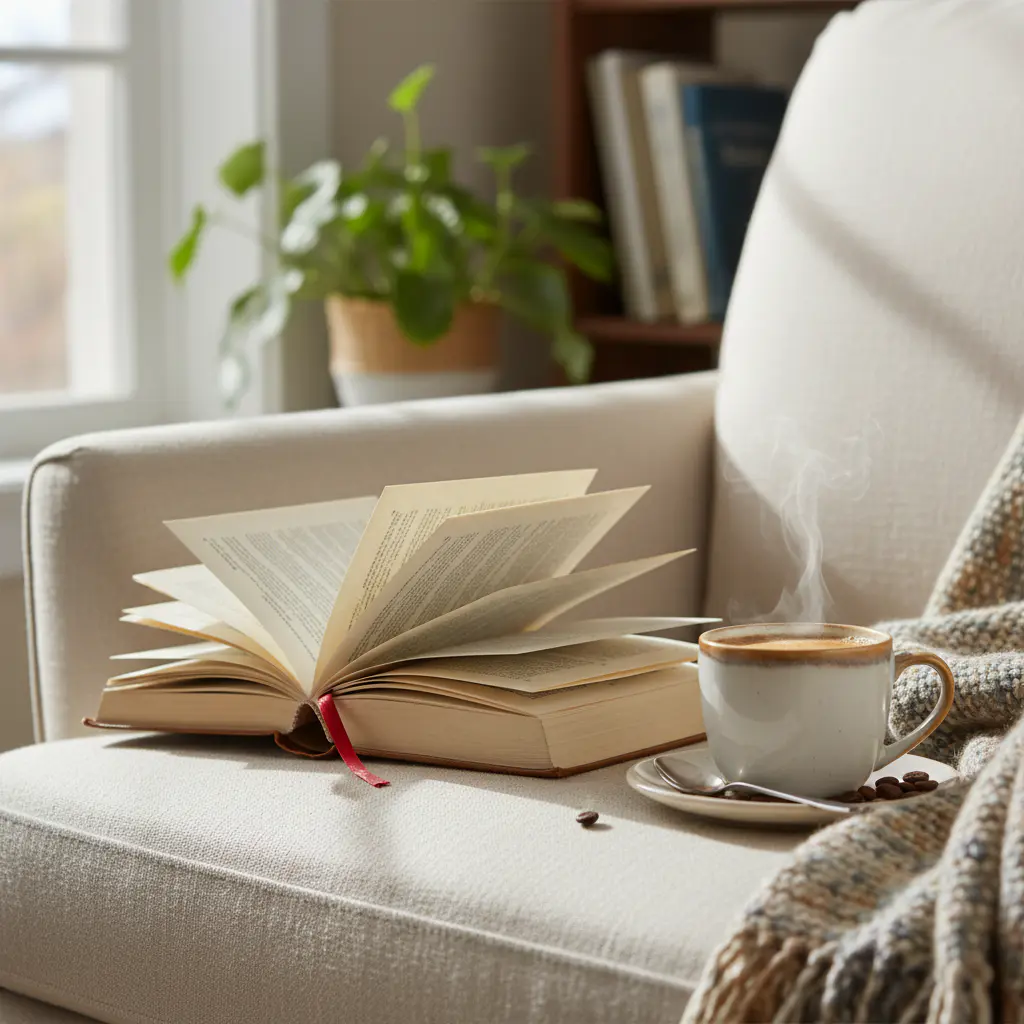 Kaffee und Buch auf einem Sessel