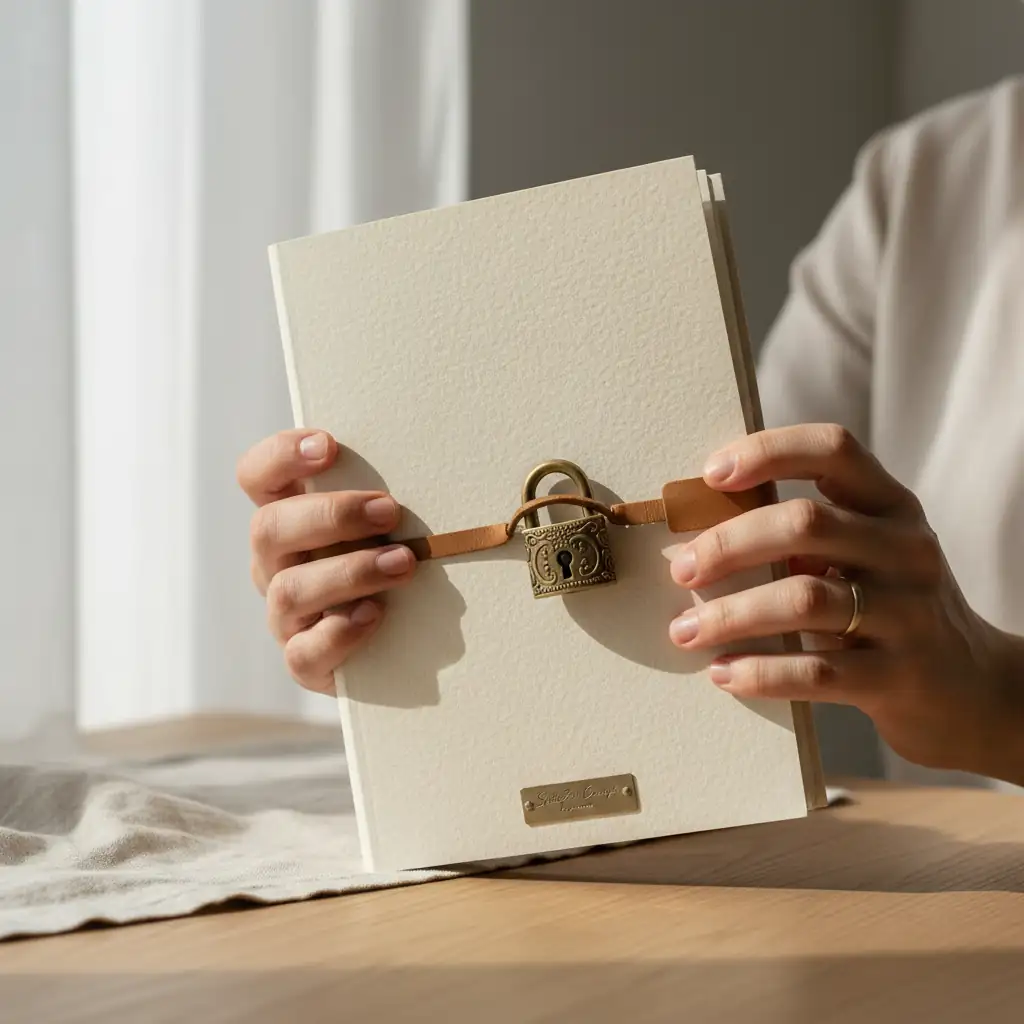 Hände, die ein Notizbuch halten